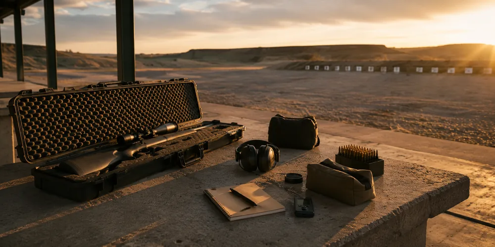 A shooting bench at an outdoor range in late-day light with a rifle case and gear laid out
