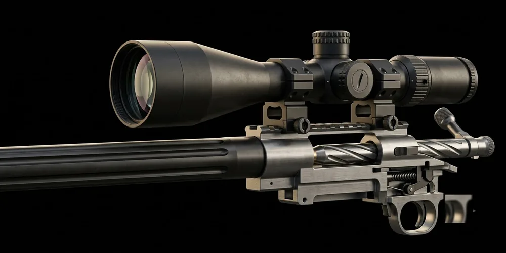Rifle scope mounted in rings above a receiver