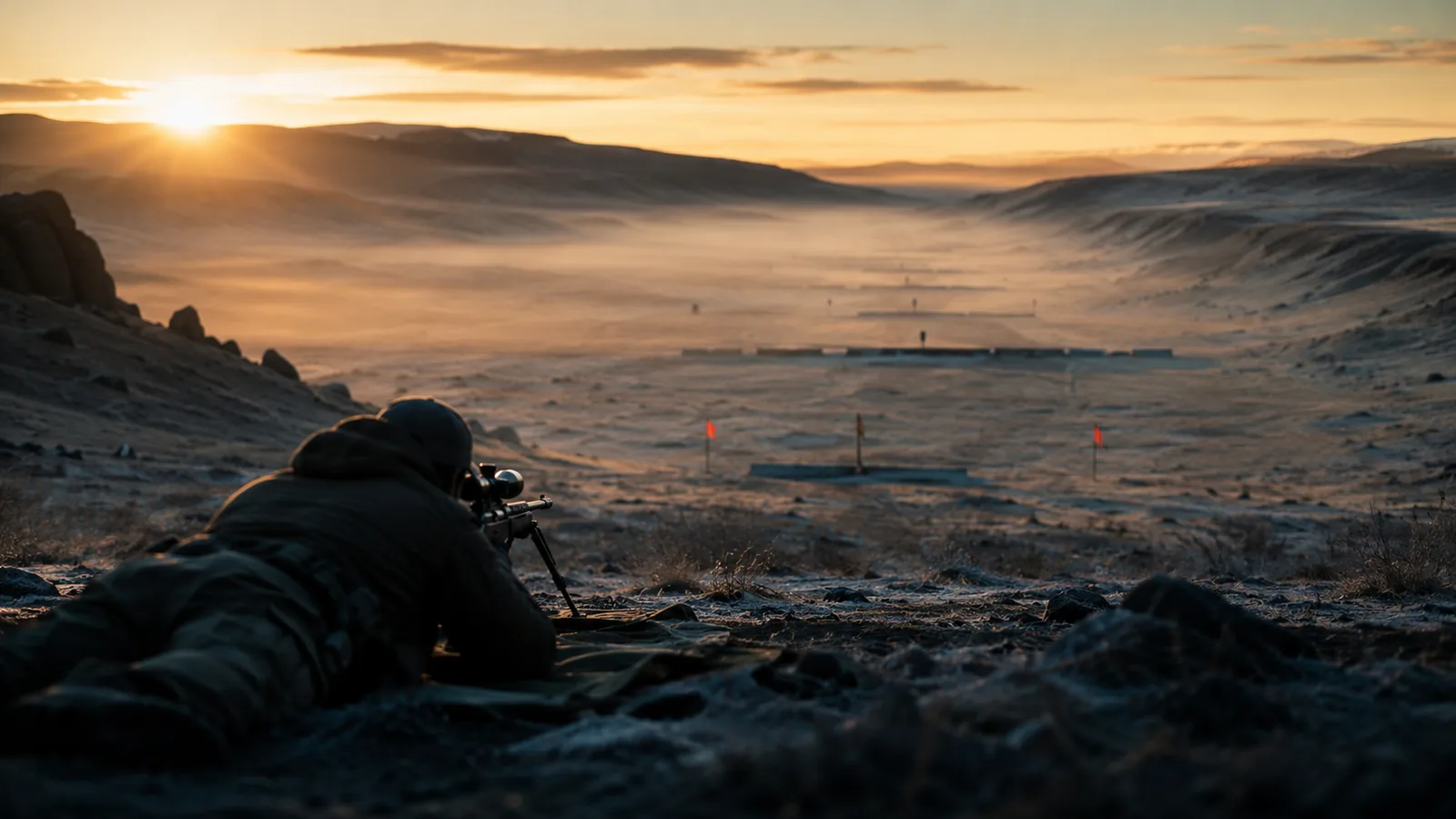 A shooter prone on a long-range firing line at first light, target berms receding into mist