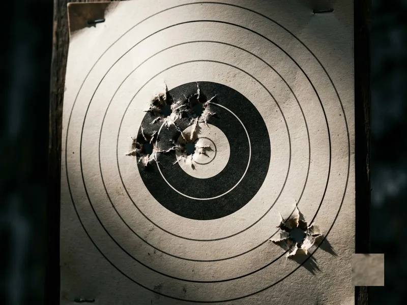 A paper target with a tight group in the black and a single flyer well outside it