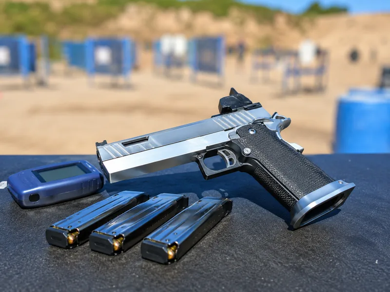 Competition pistol on a shooting table with magazines and a shot timer