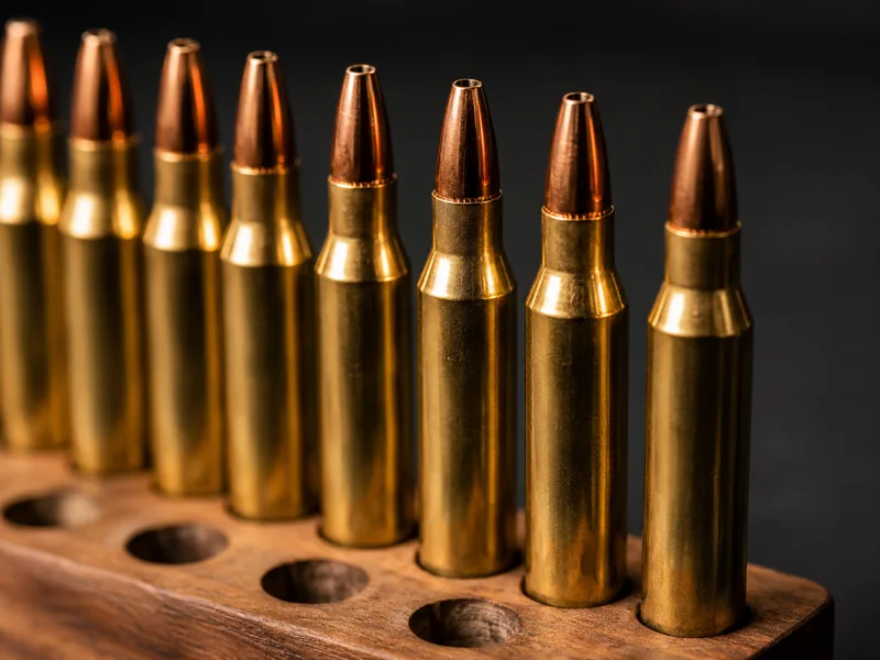 Brass rifle cartridges standing in a wooden loading block