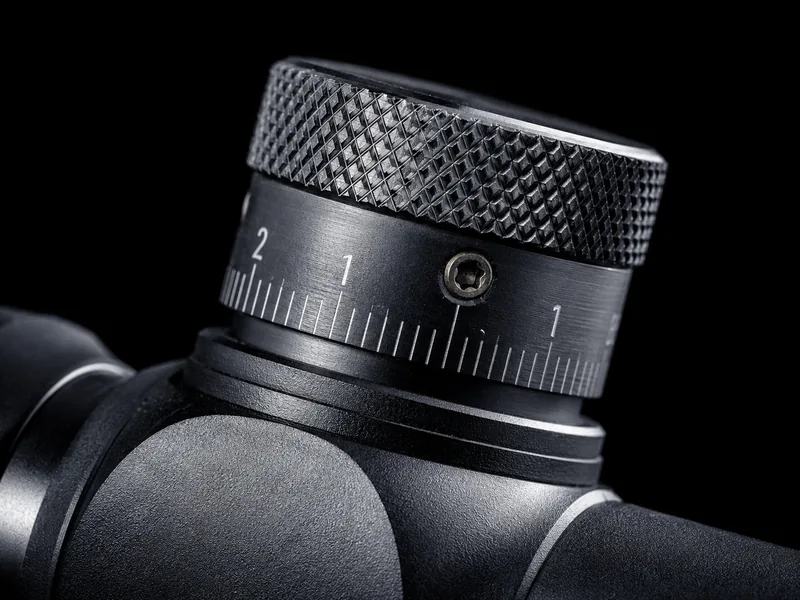 Macro view of a rifle scope elevation turret