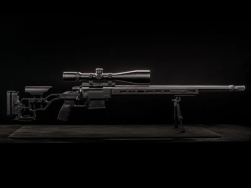 Bolt-action precision rifle in a chassis on a bipod