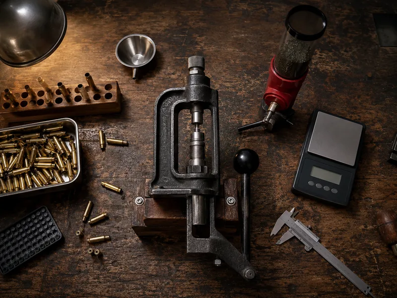 Single-stage reloading press on a workbench with brass and a scale