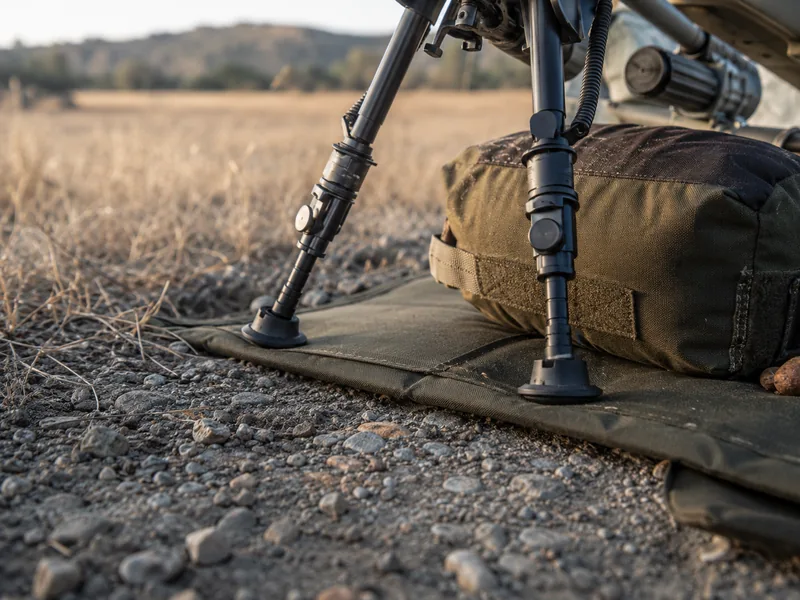 Bipod feet planted on a shooting mat beside a rear support bag